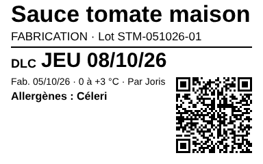 Exemple d'étiquette : Sauce tomate maison, DLC, lot, allergènes et QR code