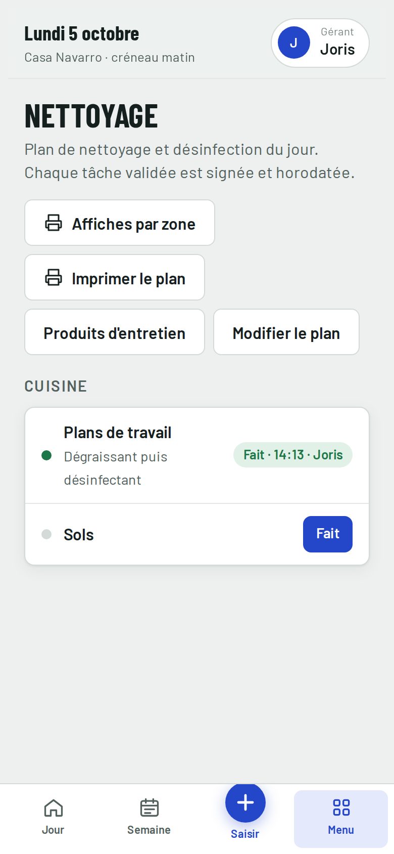 Plan de nettoyage du jour