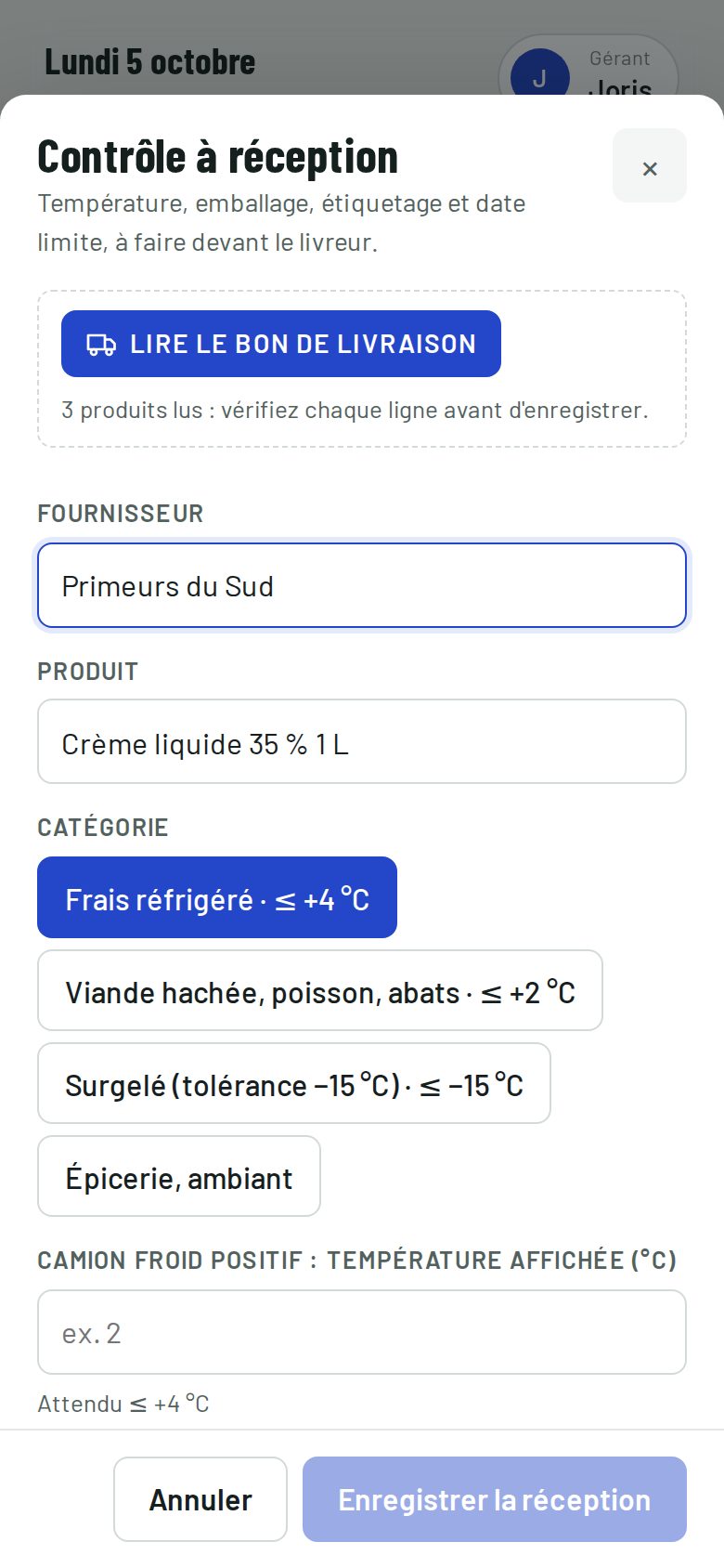 Contrôle à réception rempli à partir du bon de livraison